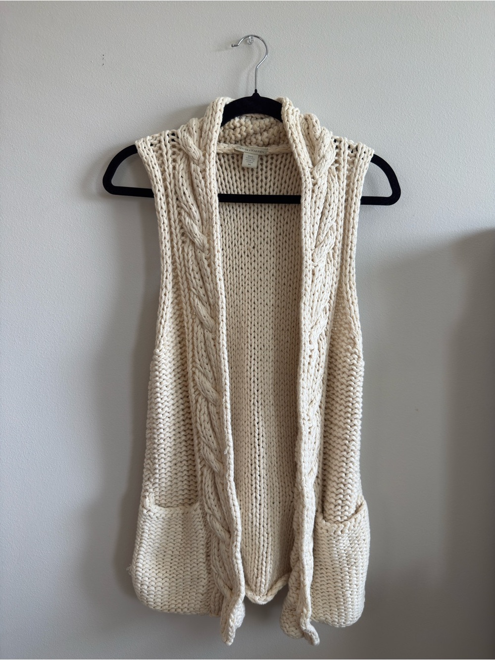 White + Warren Ivory Cable Open-Front Sweater Vest
